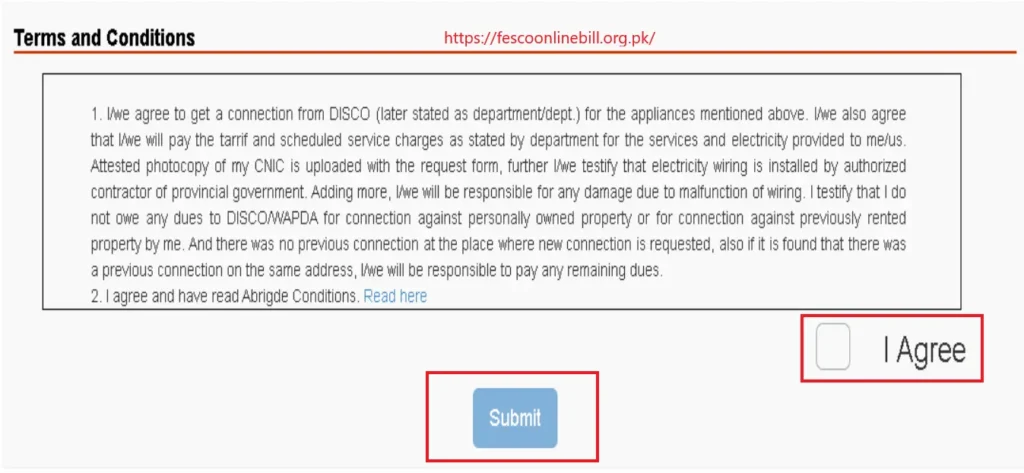 FESCO New Connection | Step 8: Attach Documents and Submit
Submit Your Form:
When everything looks good, agree to the rules, solve the puzzle, and click the “Submit” button. Your form will go to FESCO, and soon, you'll get your new connection!. | https://fescoonlinebill.org.pk/